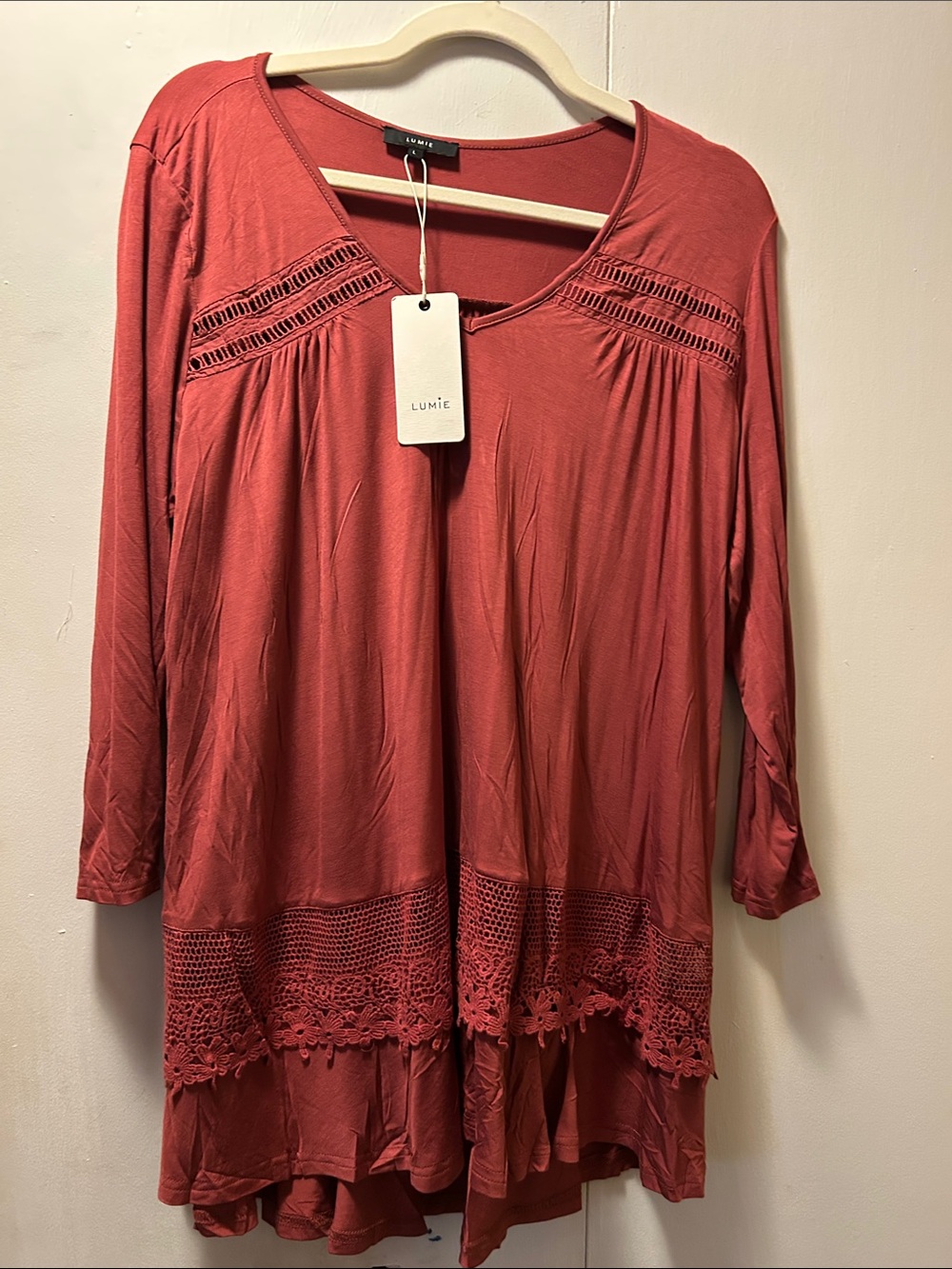Lumie Women's Brick Red Crochet-Trim Scoop Neck Tunic